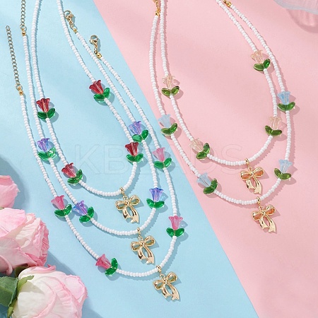 Alloy Bowknot Pendant Tulip Flower Glass Seed Beaded Necklaces for Women NJEW-MZ00148-1