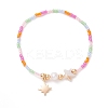 Natural Shell & Glass Seed Beaded Stretch Bracelet with Brass Star Charms for Women BJEW-JB09357-2