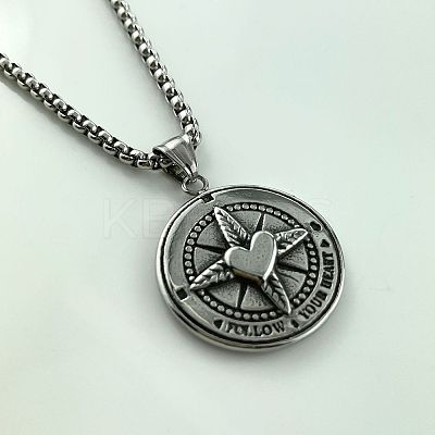 Stylish 304 Stainless Steel Heart Compass Pendant Punk Necklaces for Men LS-RK6360-1