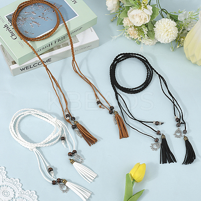 3Pcs 3 Colors Bohemian Imitation Leather Braided Tassel Wrap Chain Belts AJEW-GF0011-98-1