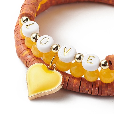3Pcs 3 Style Natural Dyed Yellow Jade & Acrylic Word Love Beaded Stretch Bracelets Set with Alloy Enamel Heart Charms BJEW-JB08924-03-1