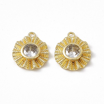 Brass Pave Clear Cubic Zirconia Flat Round Charms KK-K271-26G-1