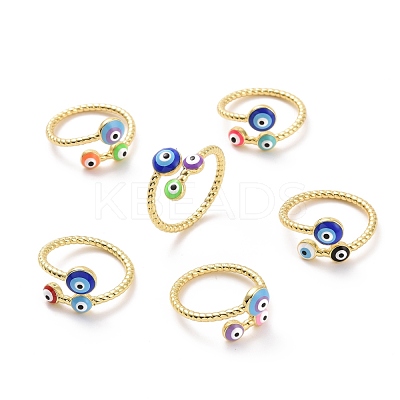 Enamel Evil Eye Open Cuff Ring RJEW-A007-06LG-1