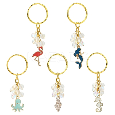 5Pcs Alloy Enamel & Synthetic Moonstone Keychain KEYC-YW00176-1