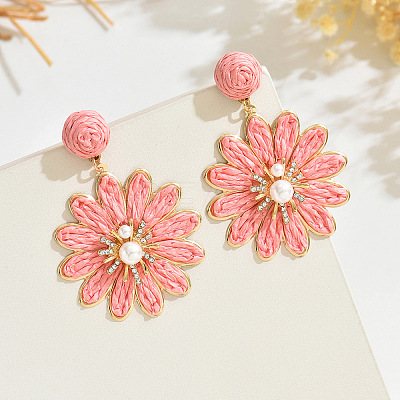 Flower Alloy Raffia Dangle Stud Earrings FS-WG63945-09-1
