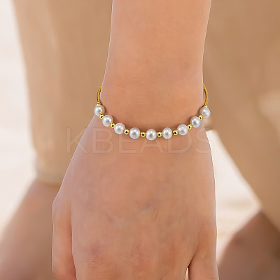 Natural Pearl & 925 Sterling Silver Curved Tube Beaded Bracelet BJEW-Z025-01G-1