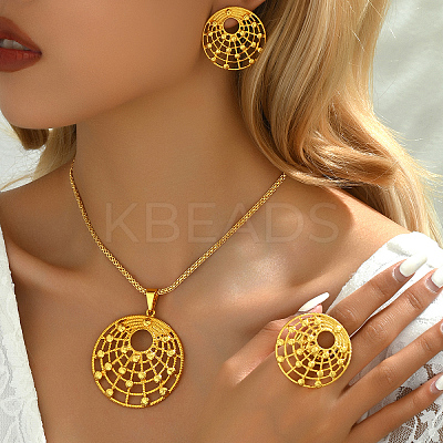 Elegant Vintage Style Real 18K Gold Plated Brass Round with Flower Earrings & Necklaces & Ring Sets for Women VD0748-1