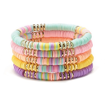 Synthetic Hematite & Polymer Clay Heishi Beads Stretch Bracelets Set BJEW-JB07381-1