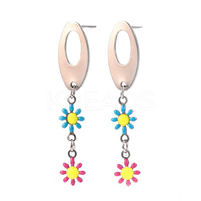Oval with Flower Enamel Long Dangle Stud Earrings EJEW-N049-05B-1
