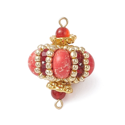 Dyed Synthetic Imperial Jasper & Handmade Glass Seed Beaded Rhombus Connector Charms PALLOY-MZ00960-07-1