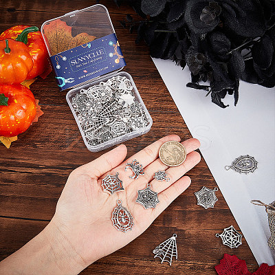 54Pcs 9 Styles Halloween Jewelry Tibetan Style Alloy Pendants FIND-SC0004-40-1