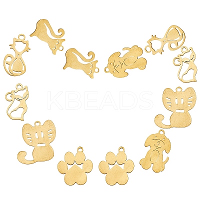12Pcs 6 Styles 201 Stainless Steel Kitten Pendants STAS-SC0002-56G-1