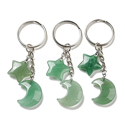 Reiki Natural Green Aventurine Moon & Star Pendant Keychains KEYC-P015-02P-03-1
