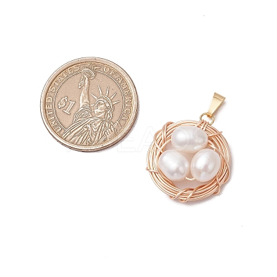 Natural Cultured Freshwater Pearl Copper Wire Wrapped Bird Egg Nest Pendants PALLOY-TA00228-02-1