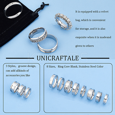 24Pcs 24 Style 201 & 304 Stainless Steel Grooved Finger Ring Settings STAS-UN0044-15-1