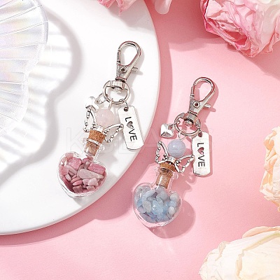Natural Aquamarine & Rhodonite Chip inside Angel Wishing Bottle Pendant Decorations HJEW-JM02411-1