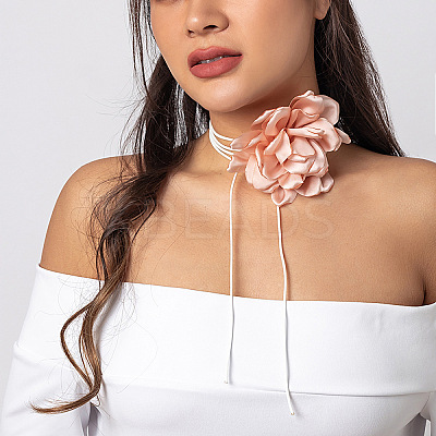 Retro Cloth Rose Flower Waxed Cord Wrap Choker Necklaces for Women WG01AE5-02-1