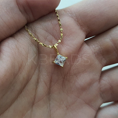 Rhombus 304 Stainless Steel Pave Clear Cubic Zirconia Pendant Necklaces FS-WG09C14-01-1