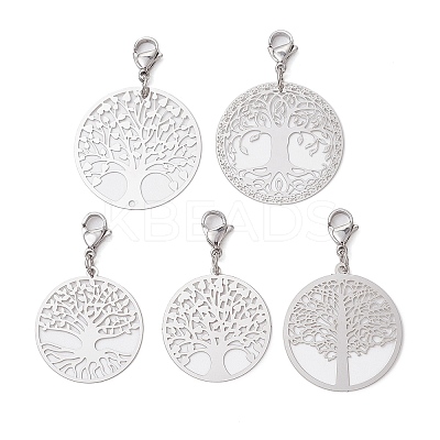 201 Stainless Steel Flat Round with Tree of Life Pendant Decorations HJEW-JM02521-1