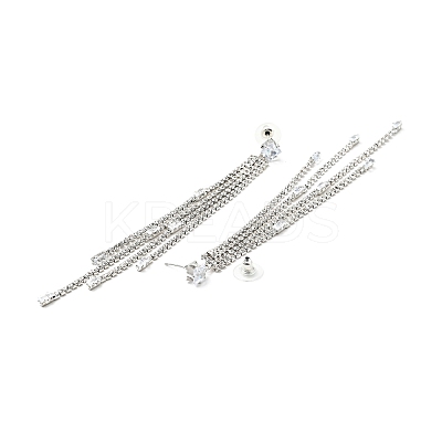 Clear Cubic Zirconia & Crystal Rhinestone Long Tassel Dangle Stud Earrings EJEW-C037-07B-P-1