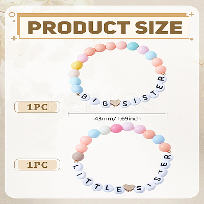 2Pcs 2 Styles Word Acrylic & Brass Heart Beaded Stretch Bracelets BJEW-LP0004-27-1