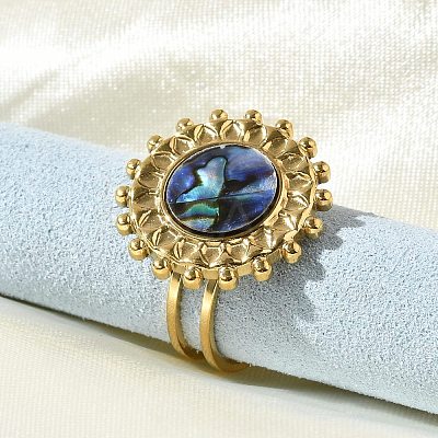 Flat Round 304 Stainless Steel Paua Shell Finger Rings for Women RJEW-G346-08G-01-1