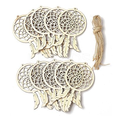 10Pcs Woven Net/Web with Feather Unfinished Blank Wooden Pendants for Painting Arts FIND-R052-01B-1