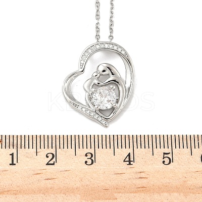 Mother's Day Brass Micro Pave Clear Cubic Zirconia Mother and Baby Heart Pendant Necklaces for Women LS-NJEW-C085-01B-P-1