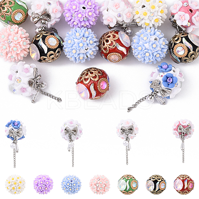 5Pcs Luminous Glow in the Dark Polymer Clay Pave Rhinestone Round Beads with Resin Flower CLAY-YW0002-48-1
