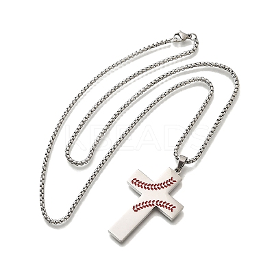 201 Stainless Steel Wheat Cross Pendant Box Chain Necklaces for Women Men NJEW-B124-01P-1