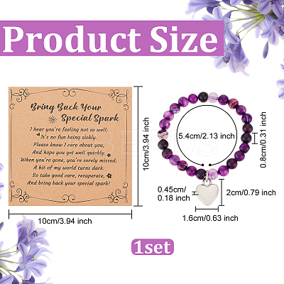 Natural Striped Agate Round Beaded Stretch Bracelet with Alloy Heart Charm BJEW-OC0001-09C-1
