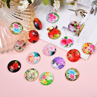 Flower Printed Glass Cabochons GGLA-SZ0001-15-1
