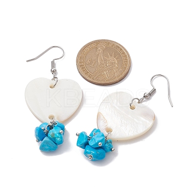 Natural Shell Heart with Synthetic Turquoise Chips Dangle Earrings EJEW-JE05482-1