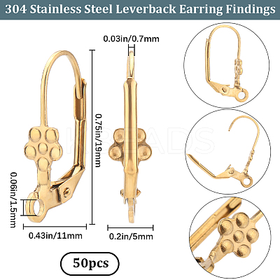 50Pcs Ion Plating(IP) 304 Stainless Steel Flower Leverback Earring Findings STAS-BBC0002-56-1