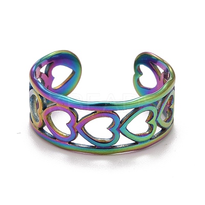 Rainbow Color Ion Plating(IP) 304 Stainless Steel Heart Wrap Open Cuff Ring for Women RJEW-A005-09-1