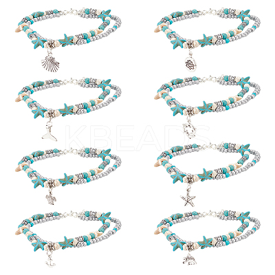 8Pcs 8 Style Synthetic Turquoise Starfish & Seed & Resin Beaded Double Layer Multi-strand Anklets Set AJEW-AN0001-03-1