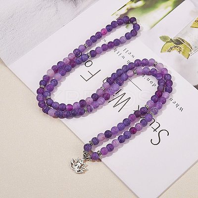 Natural Weathered Agate Round Beaded Wrap Bracelet with Alloy Ohm/Aum Lotus AJEW-PH00503-01-1