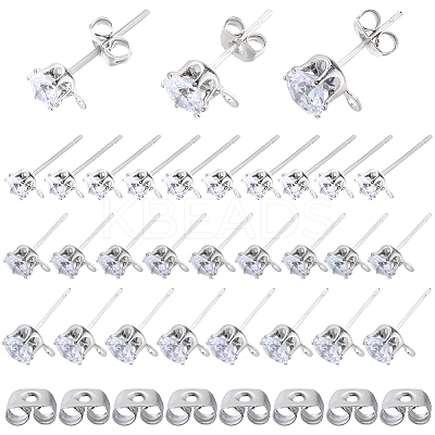 60Pcs 3 Size Clear Cubic Zirconia Stud Earring Findings STER-SP0001-01-1