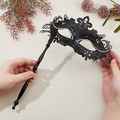 Plastic Rhinestone Masquerade Masks with Alloy Holding Stick AJEW-WH0270-891A-1