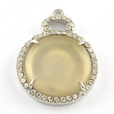Flat Round Jade Pendant with Platinum Tone Alloy Rhinestone Findings ALRI-R036-10-1