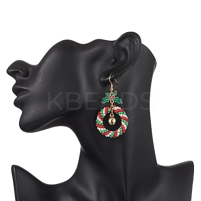 Christmas Wreath Glass Seed Beaded Dangle Earrings EJEW-TA00685-1