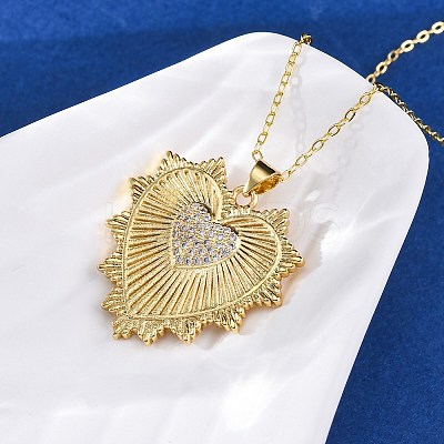 Brass Micro Pave Clear Cubic Zirconia Heart Pendant Necklaces for Women LS-NJEW-S438-07C-G-1