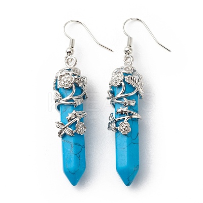 Synthetic Turquoise Bullet with Flower Dangle Earrings EJEW-G300-02P-08-1