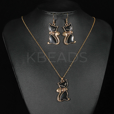 Cat Shape Zinc Alloy Enamel Pendant Necklaces & Dangle Earrings Sets FS-WG2319B-01-1