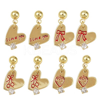 Brass Micro Pave Clear Cubic Zirconia Heart Dangle Stud Earrings EJEW-S277-12G-1