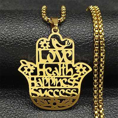 201 Stainless Steel Hollow Cut Hamsa Hand Pendant Necklaces NJEW-H065-07G-1