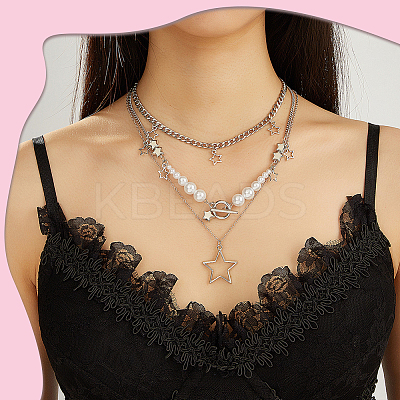 2 Sets 2 Styles Zinc Alloy Star Pendant Layered Necklaces for Women NJEW-SC0001-52-1