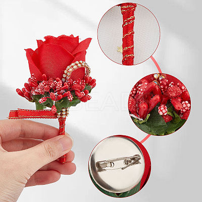 Cloth Rose Flower Boutonniere Brooch with Rhinestone AJEW-WH0258-294A-1