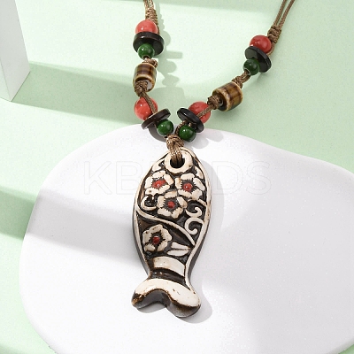 Ceramic Fish Pendant Adjustable Waxed Cord Necklaces for Women NJEW-B146-04-1
