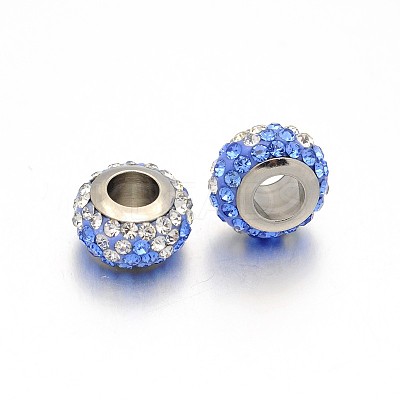 Nice Large Hole Rondelle 304 Stainless Steel Polymer Clay Pave Two Tone Rhinestone European Beads CPDL-N008-01J-1